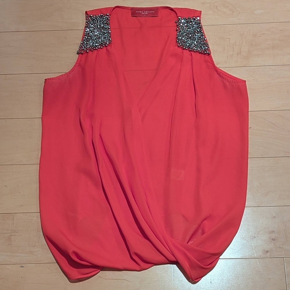 🔥 Akira Chicago Red Label Embellished Sleeveless Blouse, Size Large, Red Orange